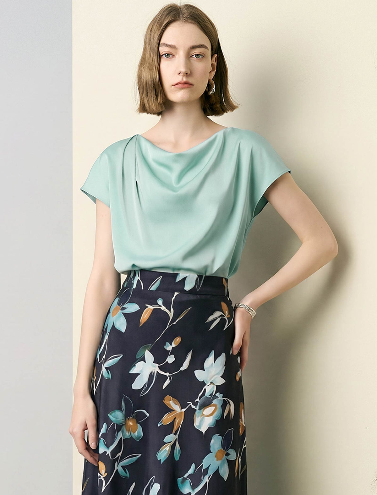 Mint Green Cowl Neck Satin Blouse