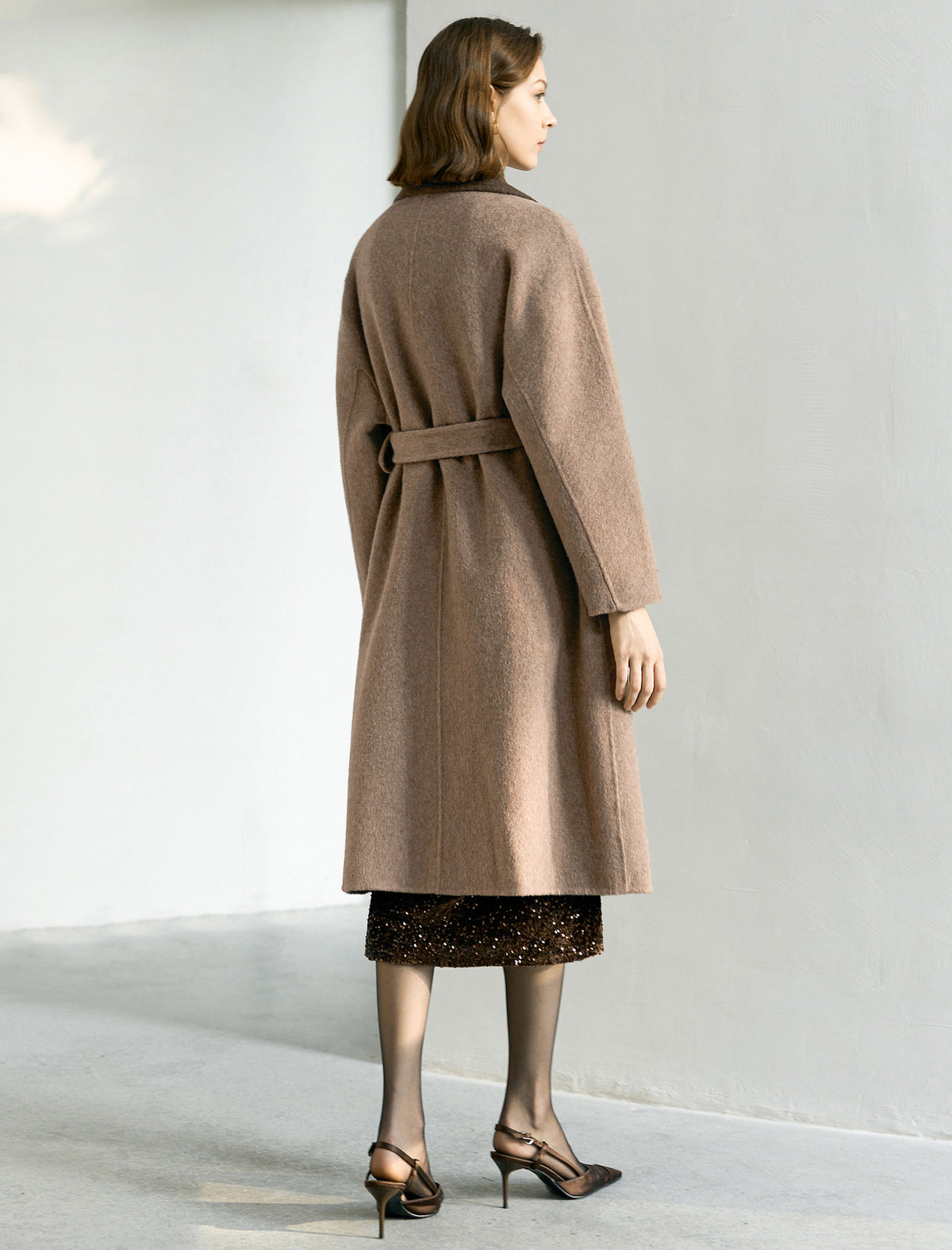 Contrast Lapel Wool-Blend Self-Tie Overcoat