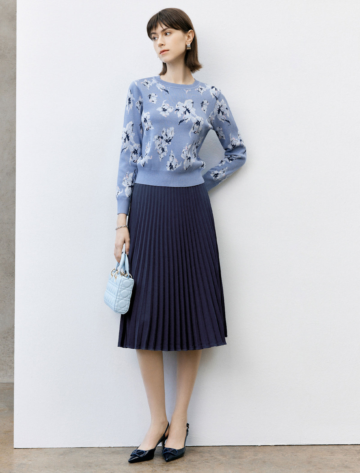 Floral Print Crew Neck Long Sleeve Knit Sweater