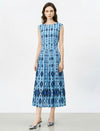 Blue Geo Diamond Print Sleeveless Pleated Midi Dress