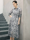 Abstract Floral Print Belted Long Sleeve Midi Shirt Dress