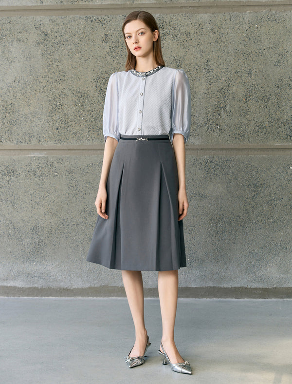 Solid Color Pleated Midi Skirt