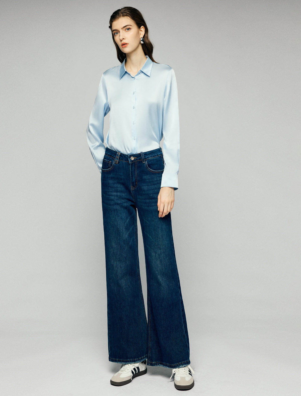 Heart-Detail High-Waist Fringe-Hem Wide-Leg Jeans