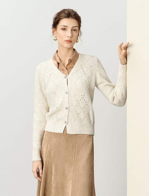 Cream Beaded V-Neck Cardigan
