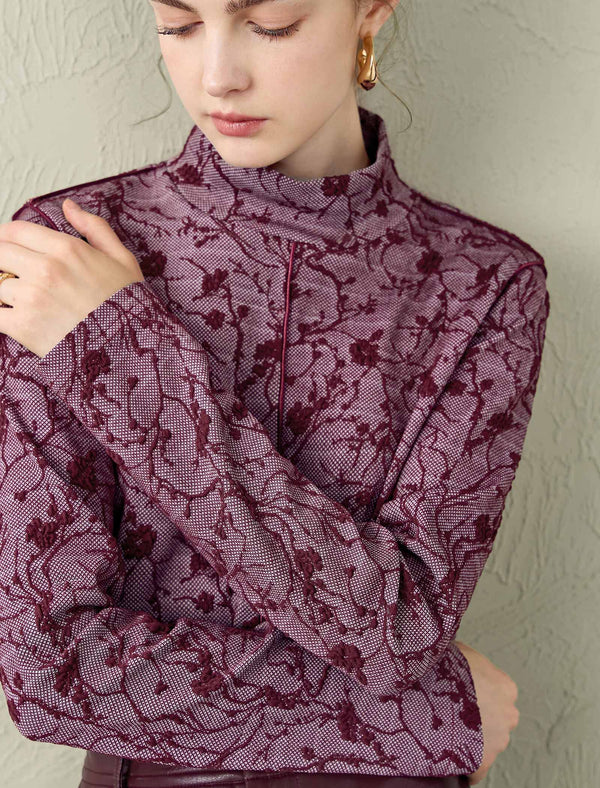 Burgundy Floral Lace Mock Neck Top