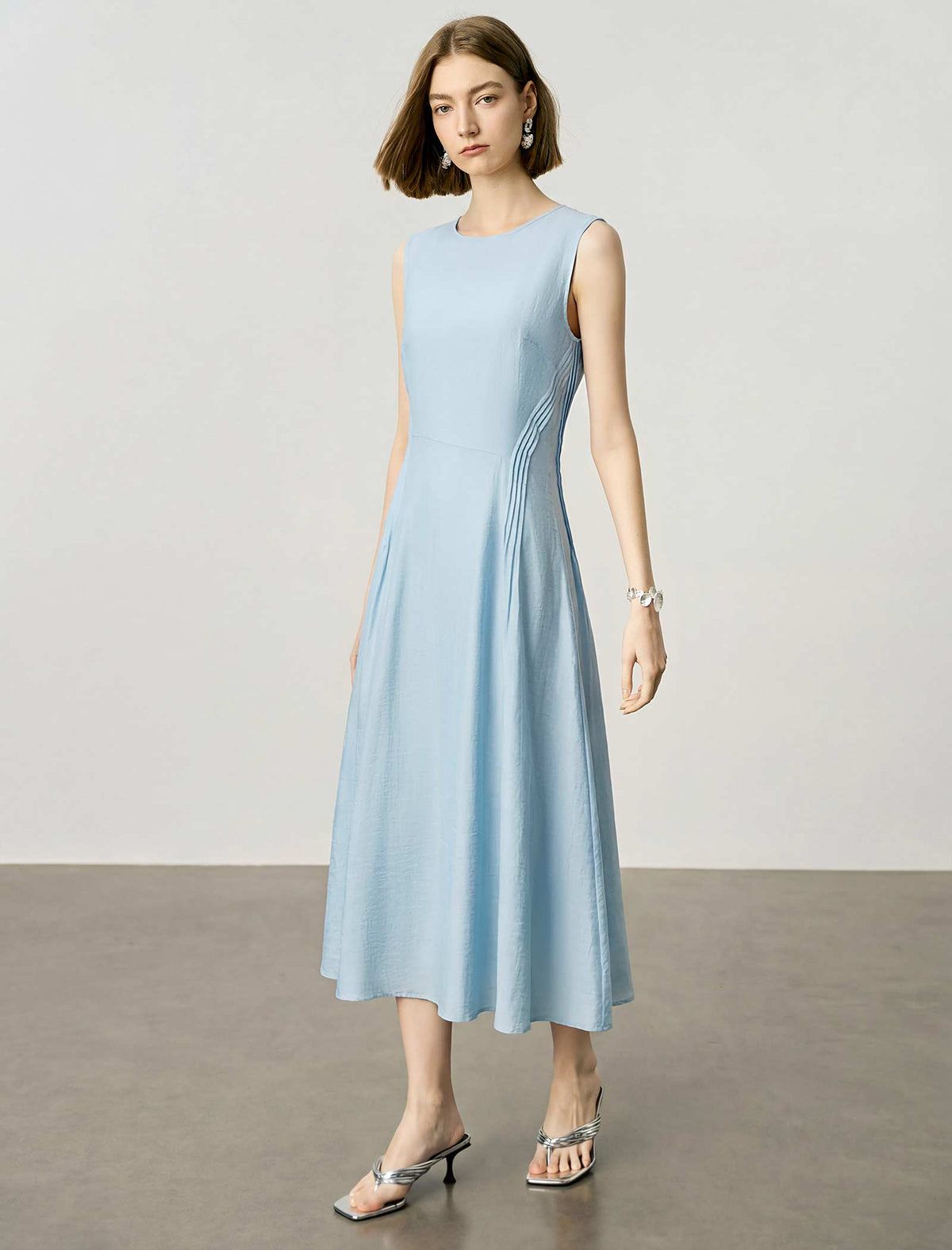 Light Blue Tencel Sleeveless A-Line Midi Dress