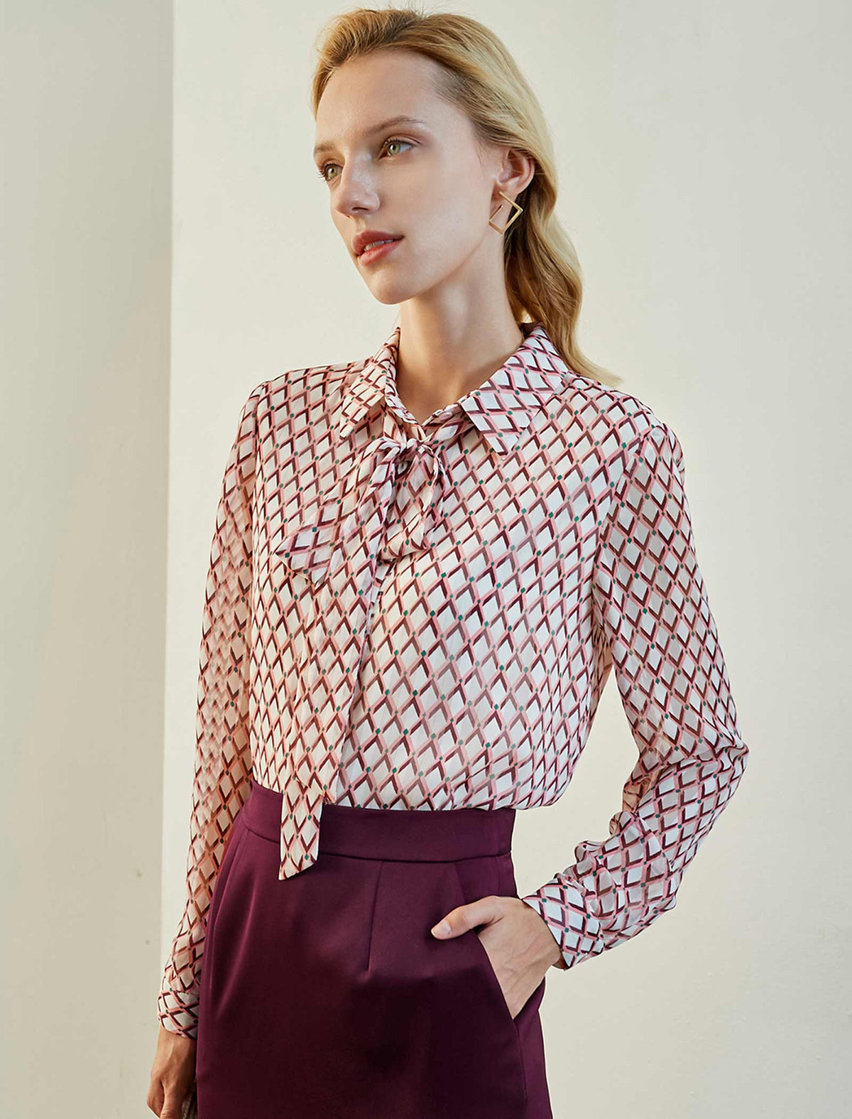Geometric Tie-Neck Blouse