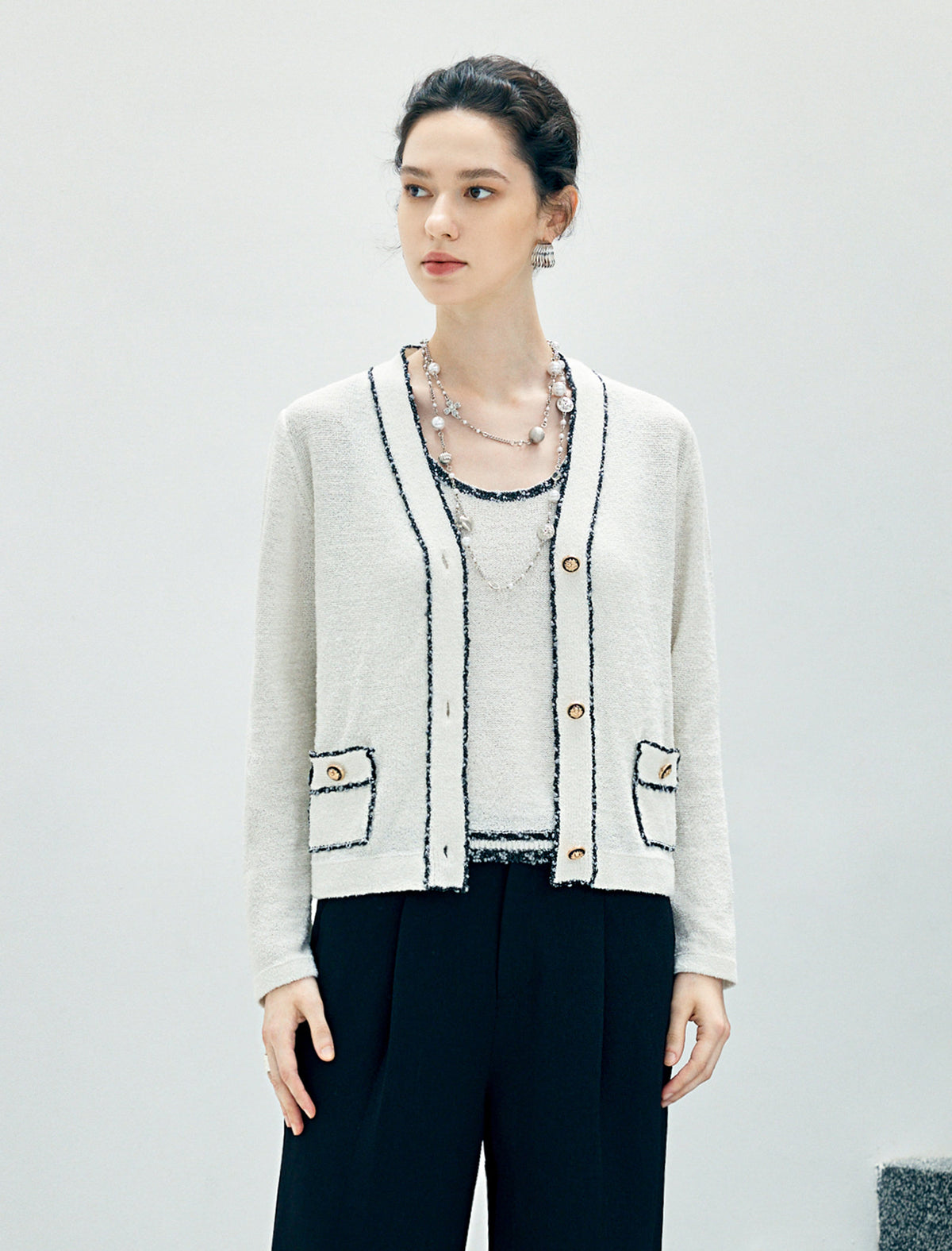 Contrast-Trim Button-Front Cardigan