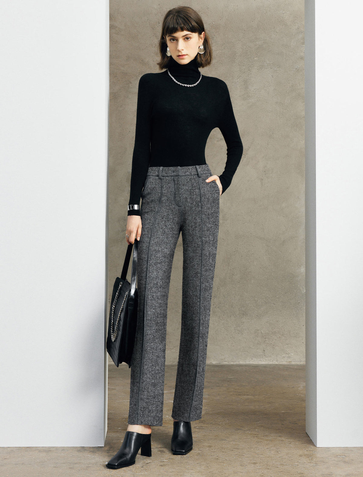 Wool Blend High-Waist Straight-Leg Pants