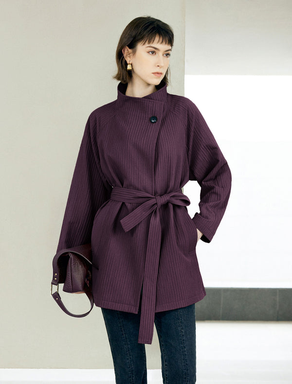 Textured Stand Collar Mid-Length Minimalist Trench Coat