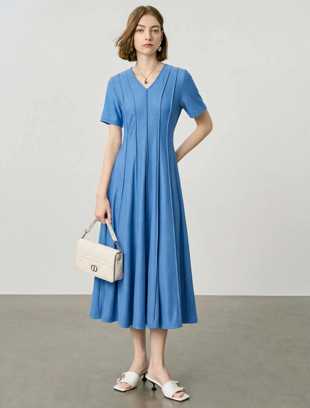 Blue V-Neck Seamed Fit-and-Flare Tencel Midi Dress