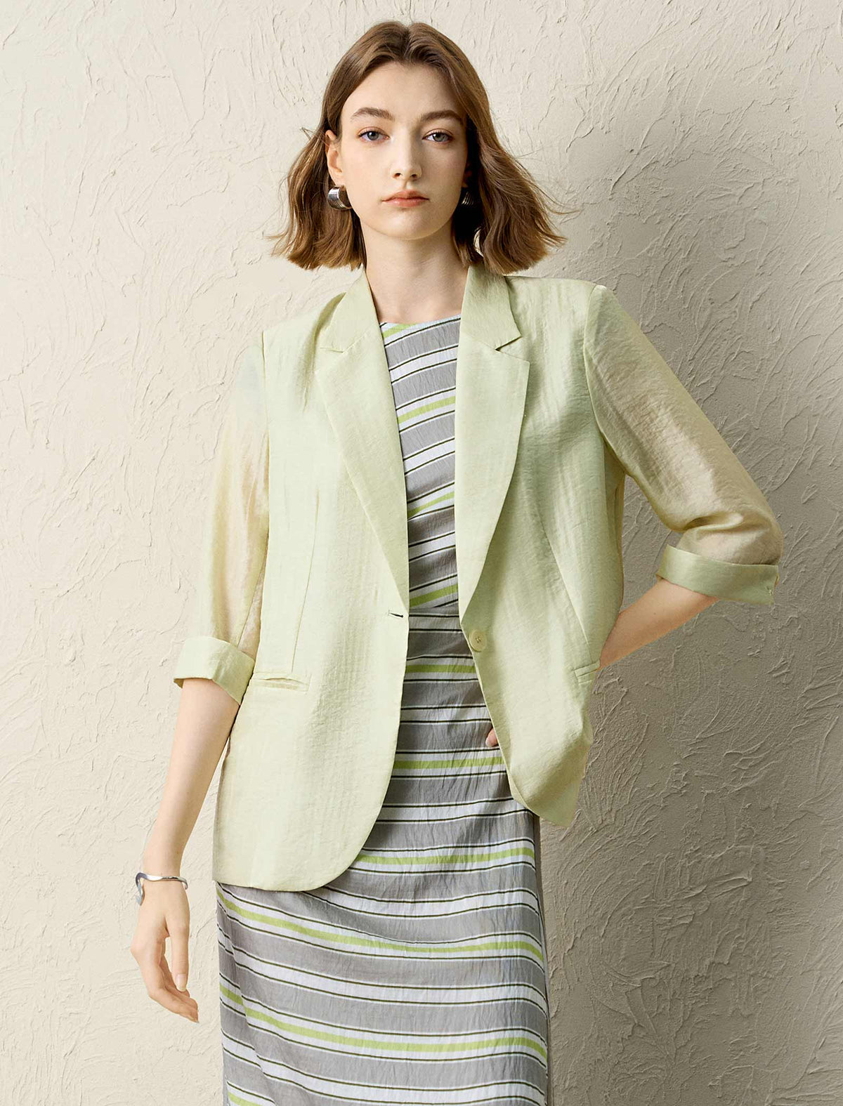 Light Green Sheer 3/4 Sleeve Blazer