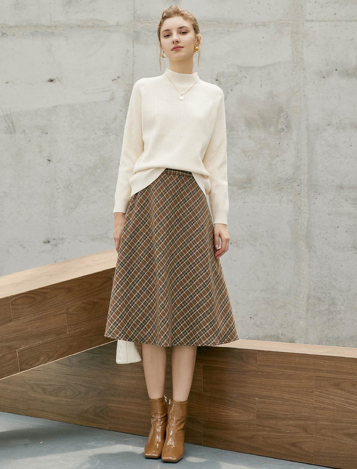 Wool Blend Plaid Relaxed A-Line Skirt