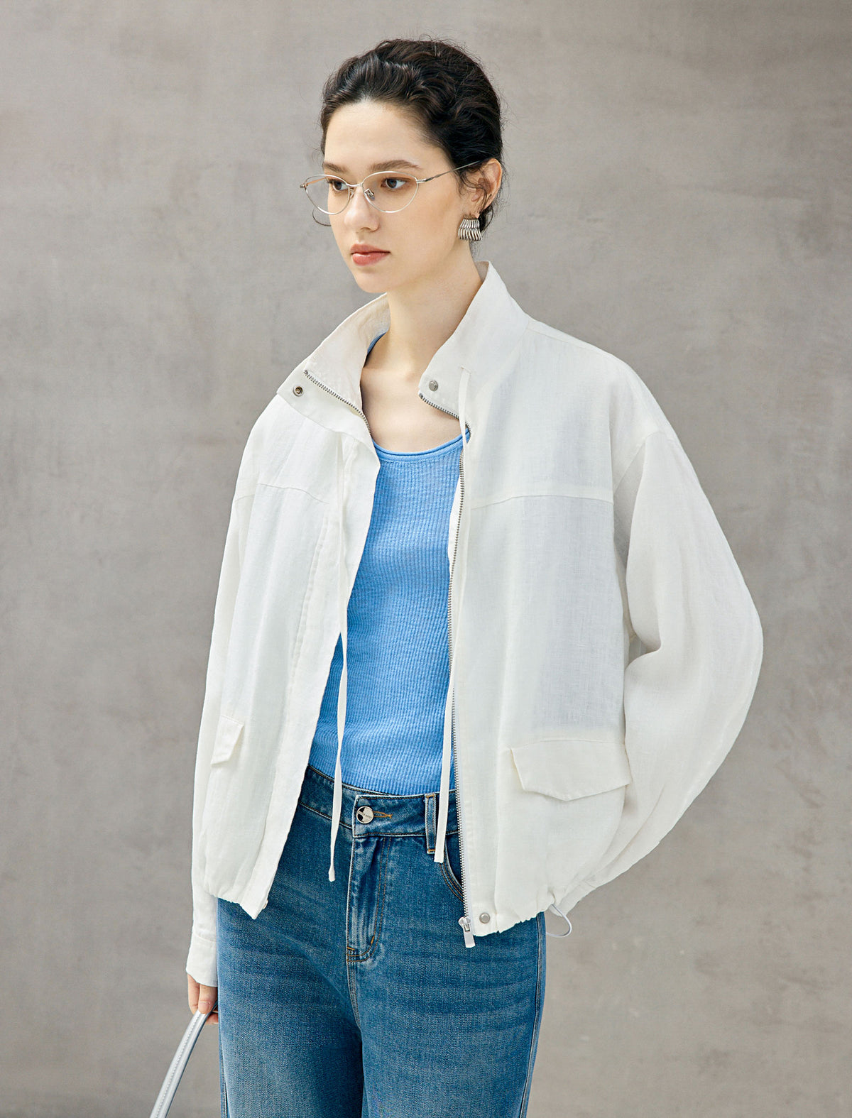 Stand Collar Cropped Batwing Sleeve Jacket