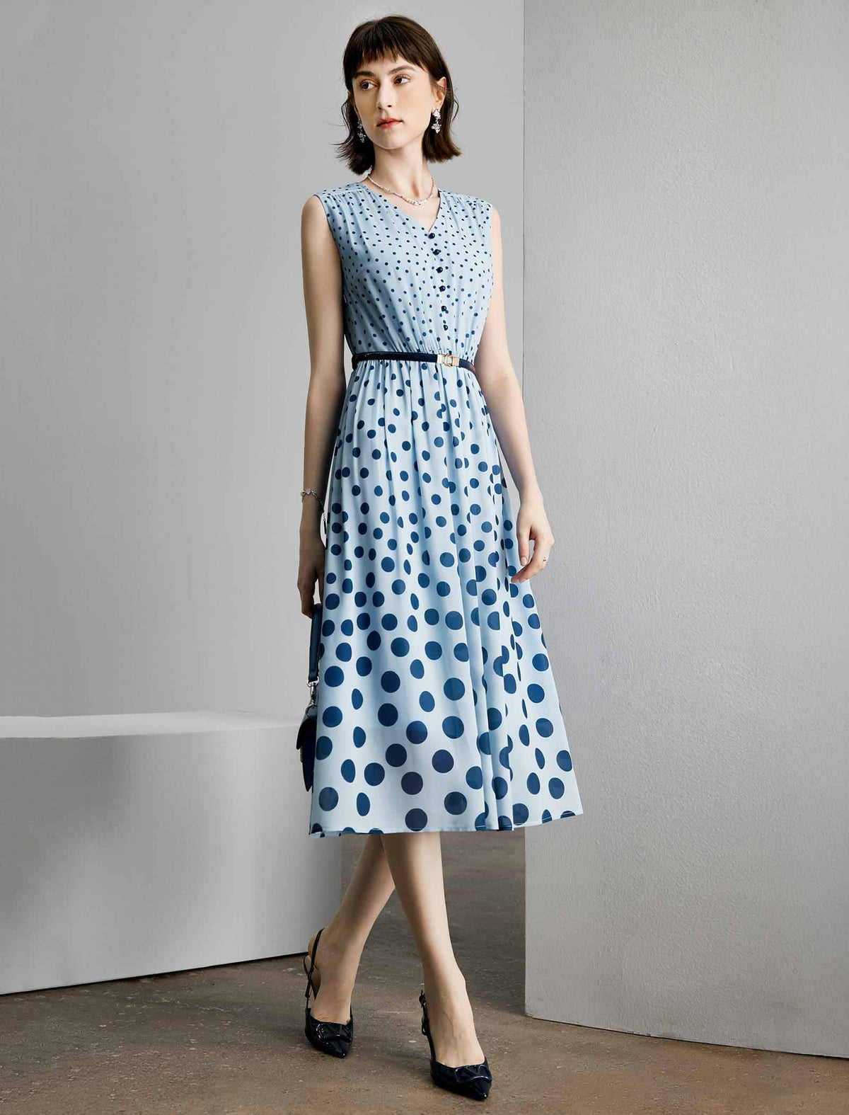 Blue Polka Dot Sleeveless Midi Dress