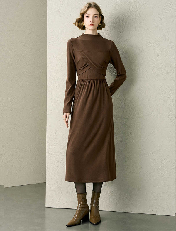 Mock Neck Wrap Detail Long Sleeve Midi Dress