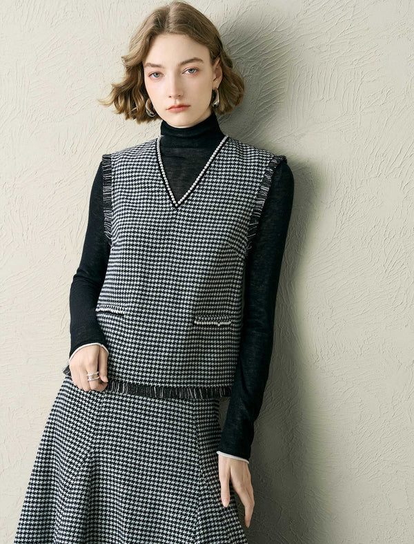 Houndstooth Wool-Blend Sleeveless Vest