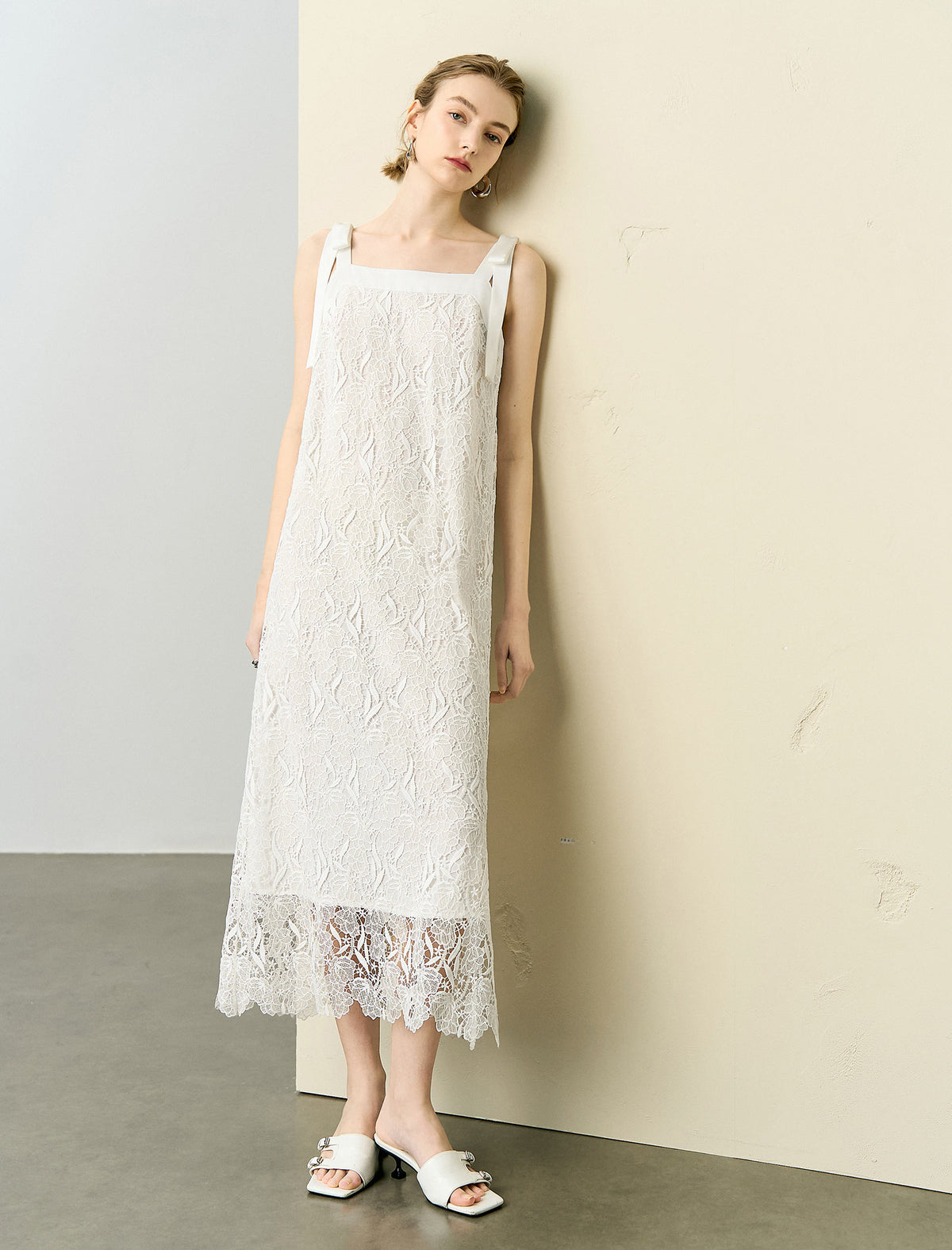 Lace Square Neck Bow Strap Slip Dress