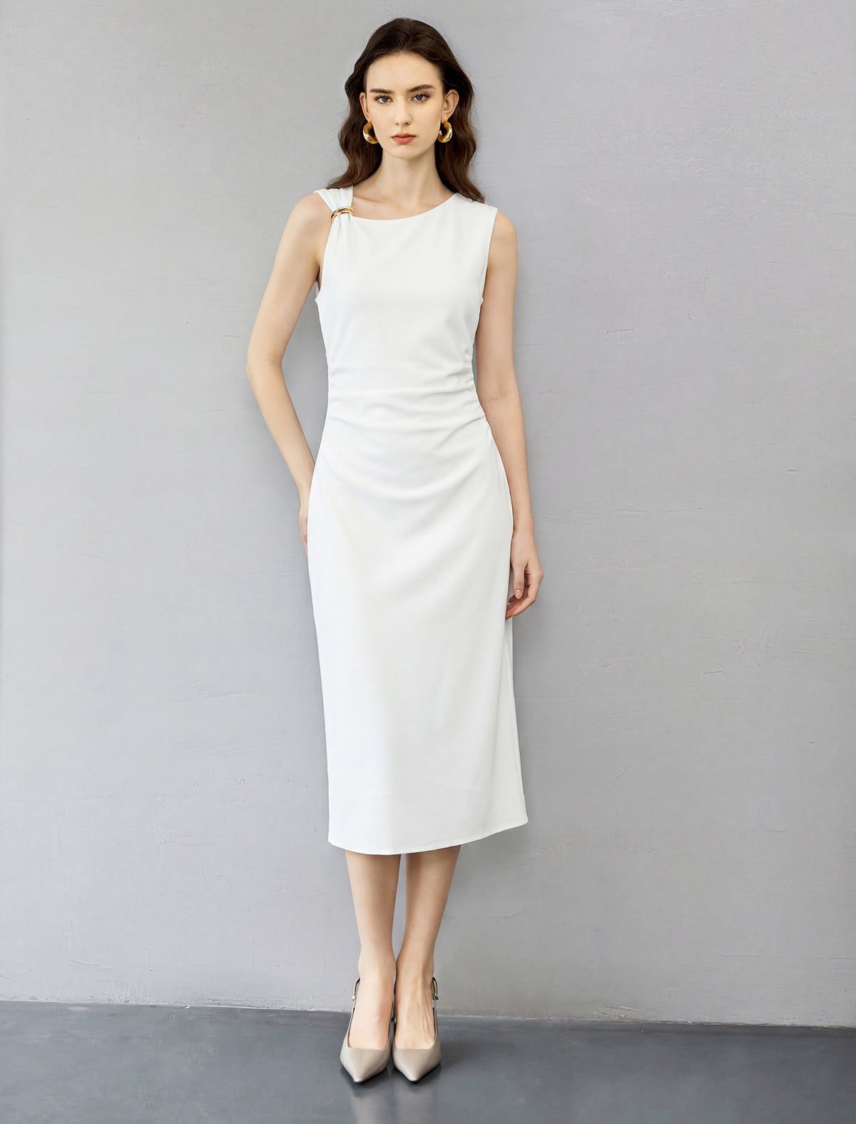 Shoulder Ruched Waist Midi Sheath Dress With Metal Buckle