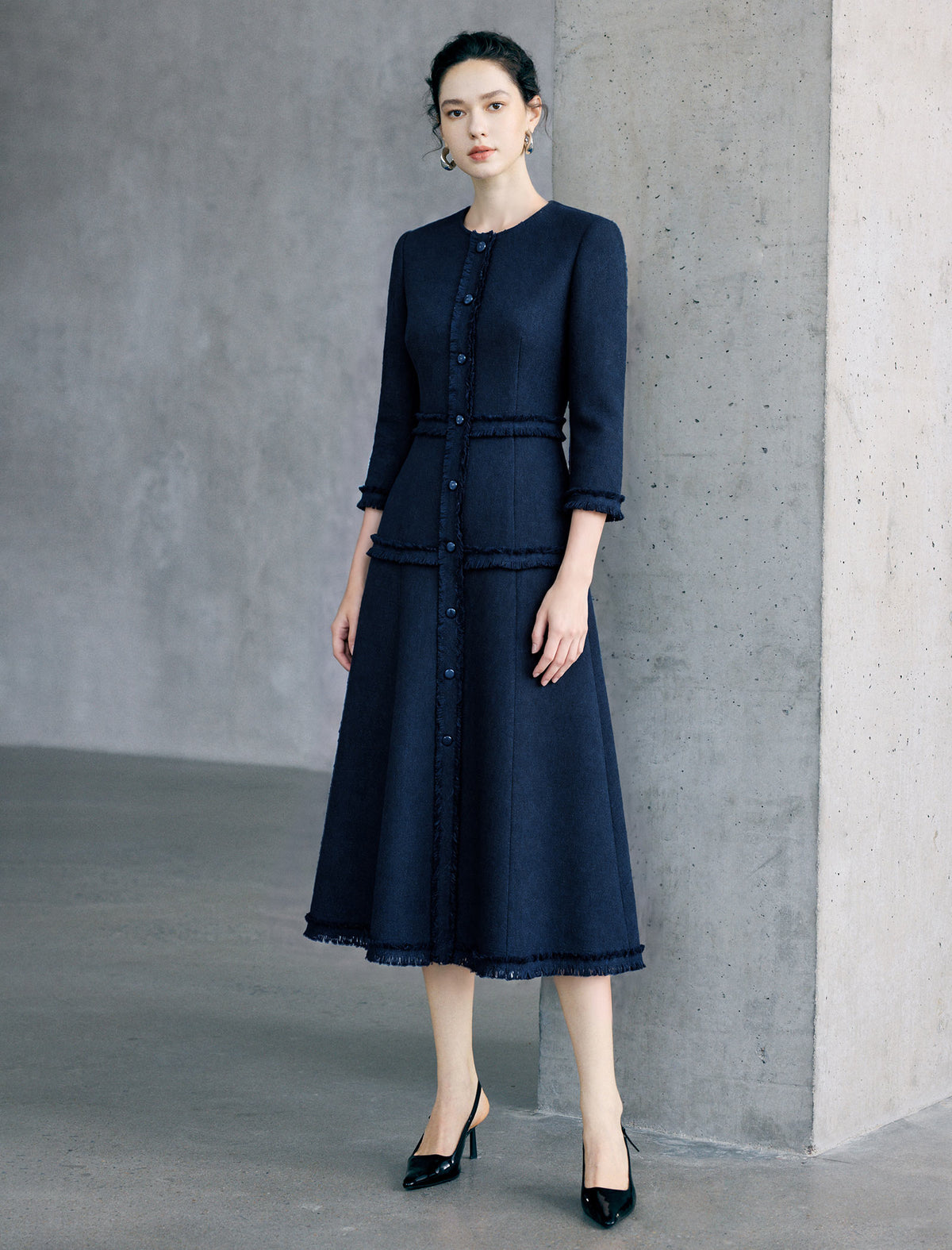 Dark Navy Fringe Trim Midi Dress