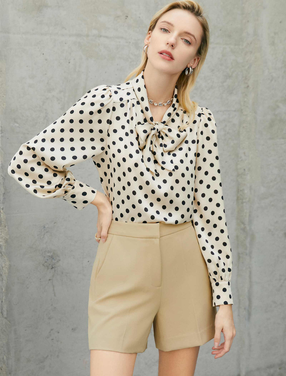 Cream Black Polka Dot Bow Blouse
