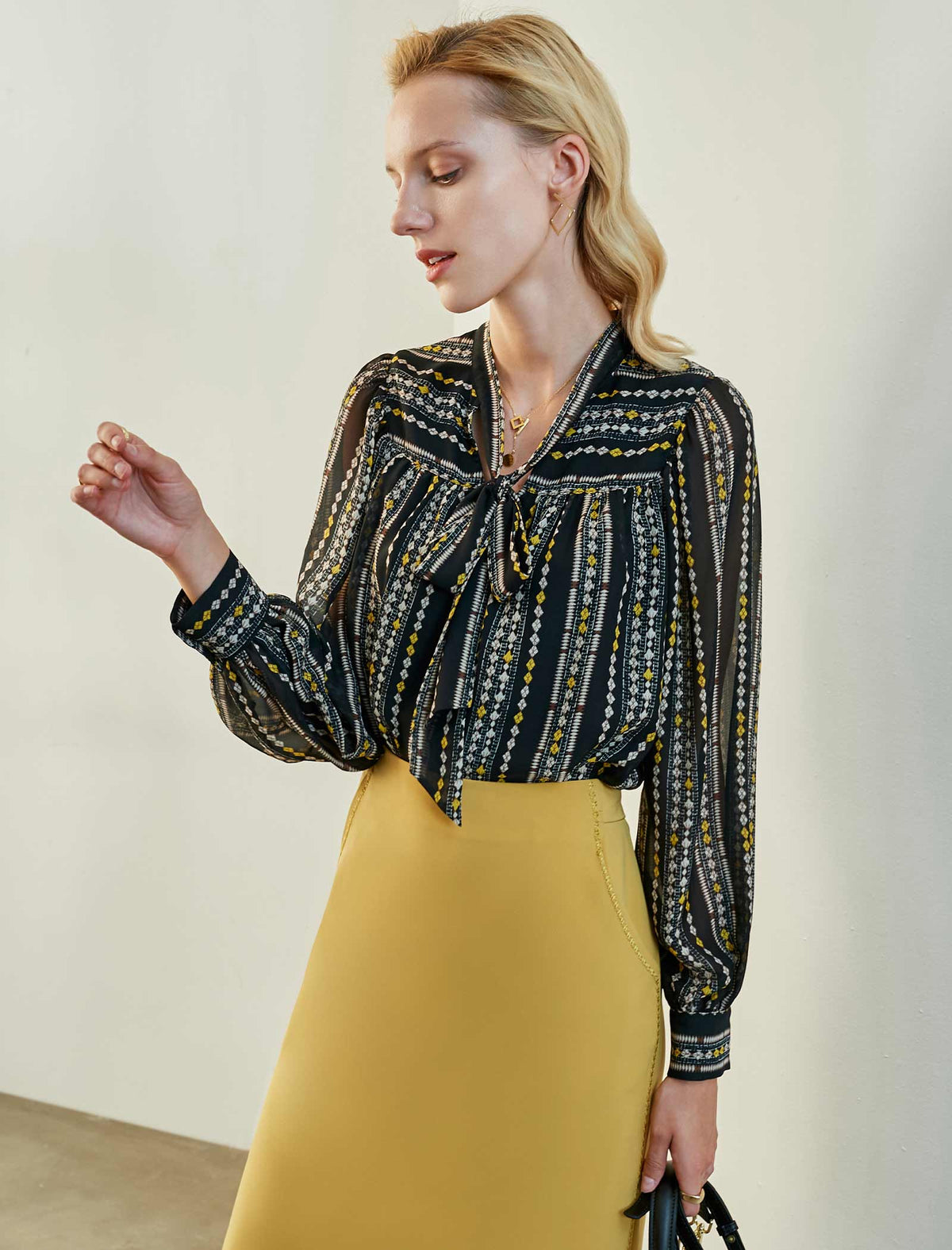 Print Tie-Neck Blouse