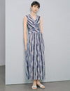 Sleeveless V Neck Watercolor Stripe Wrap Midi Dress