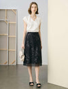 Black Sequin Floral Embroidery Mesh Midi Pencil Skirt