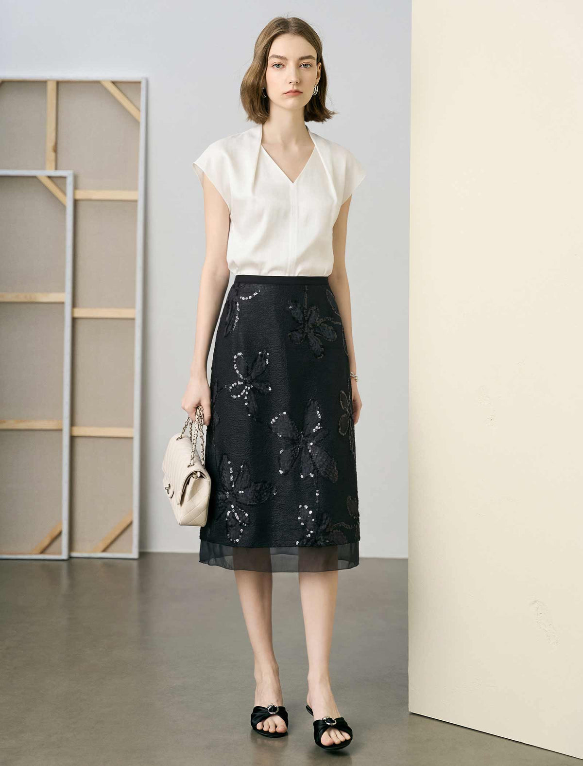 Black Sequin Floral Embroidery Mesh Midi Pencil Skirt