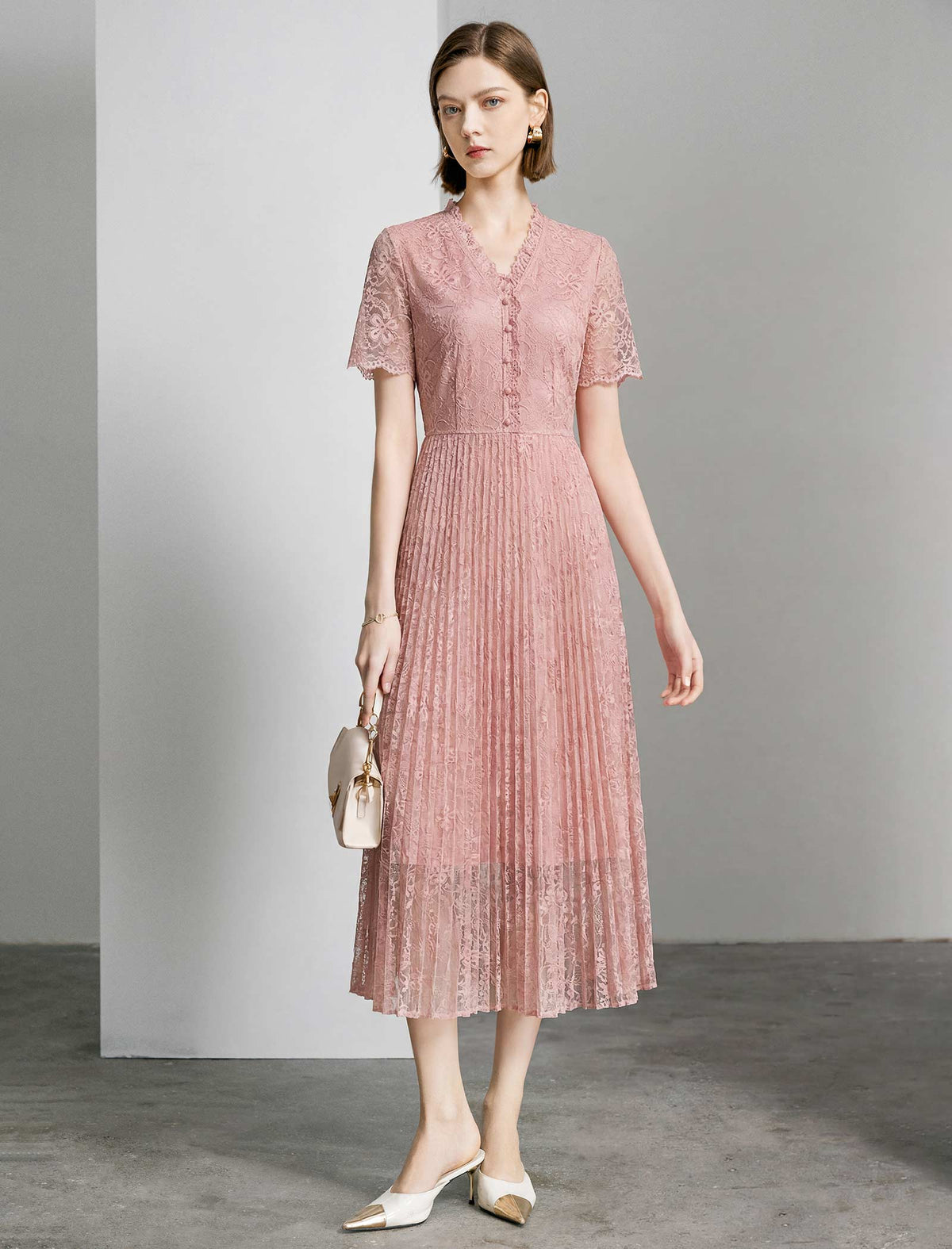 Blush Lace Pleated Midi Dress