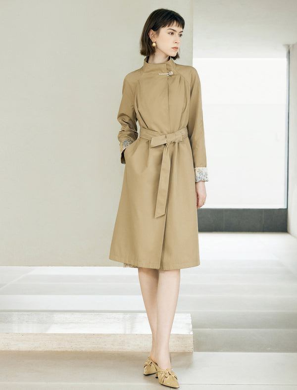 Floral Cuff Stand-Up Collar Belted Trench Coat