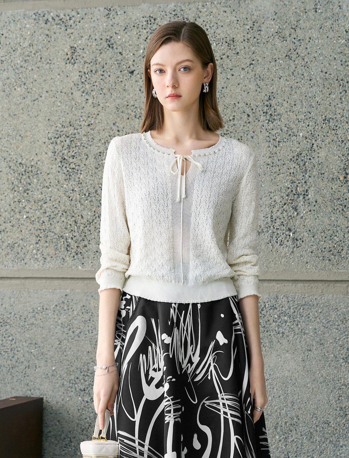 Tencel Eyelet Knit Tie-Neck Sweater