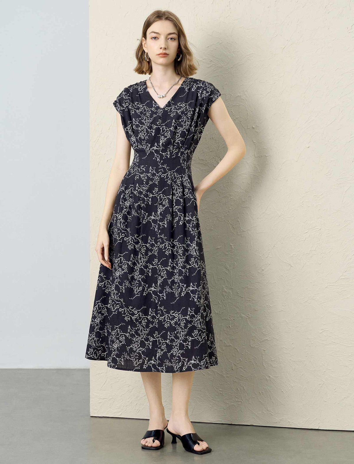 Floral V-Neck Cap Sleeve Belted Tencel Linen Midi Dress