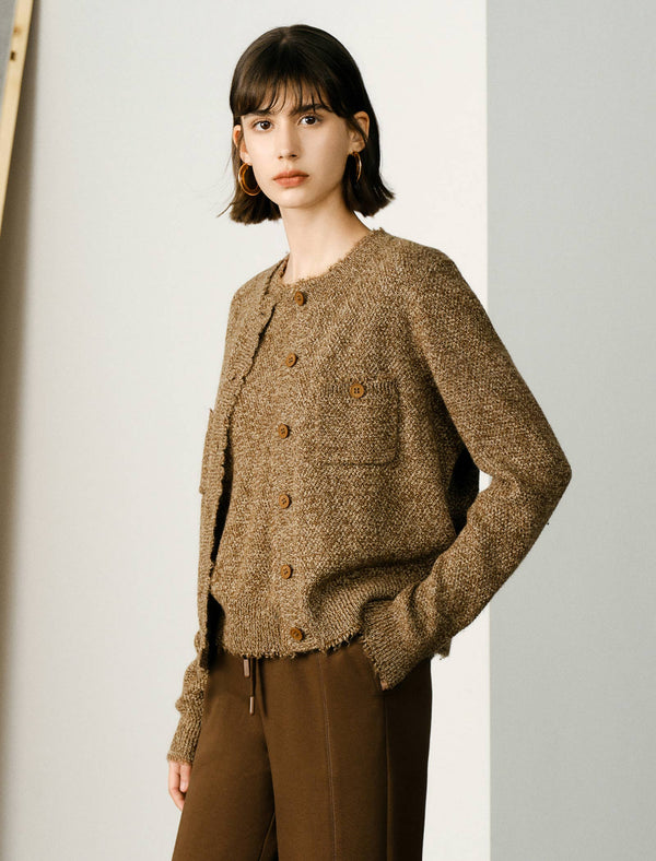 Wool Blend Vintage Round Neck Knit Cardigan