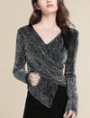 Glittery Wrap-Front Long Sleeve Top