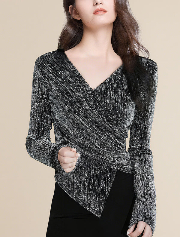 Glittery Wrap-Front Long Sleeve Top