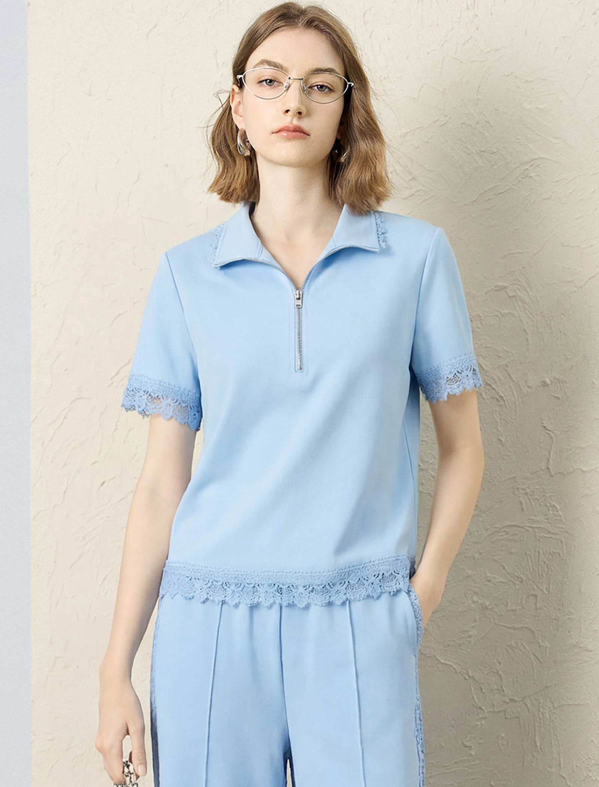 Light Blue Lace-Trim Polo Top