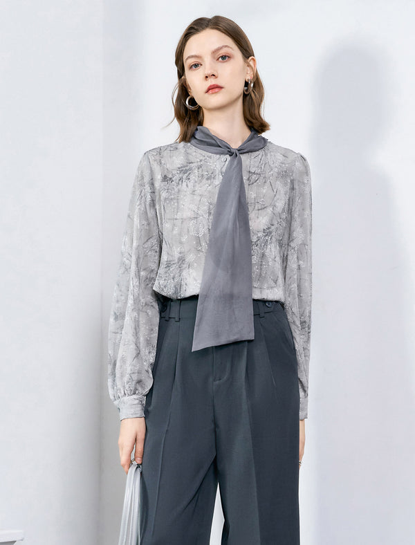 Floral Jacquard Scarf Detail Puff Sleeve Blouse