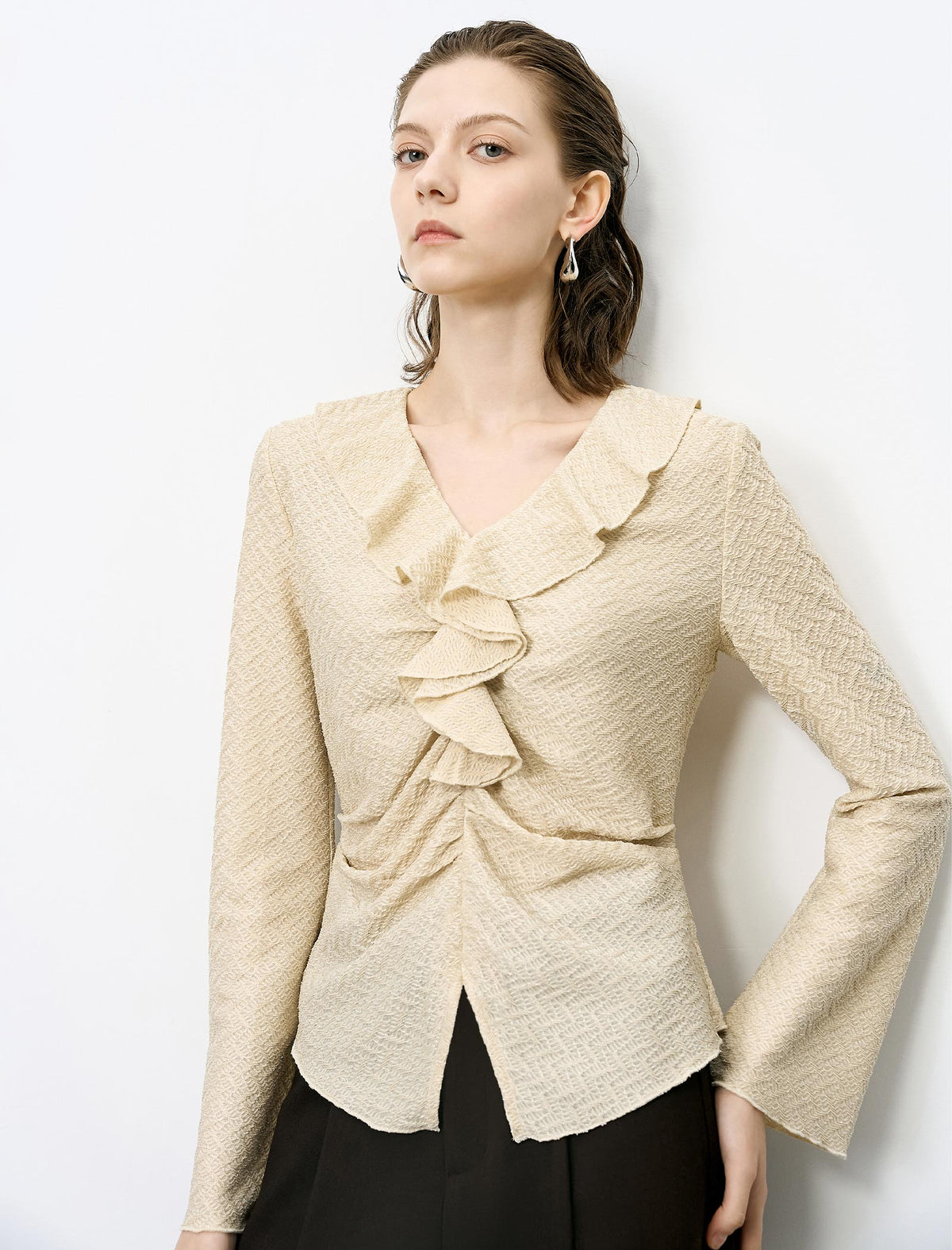 Ruffled V-Neck Textured Blouse