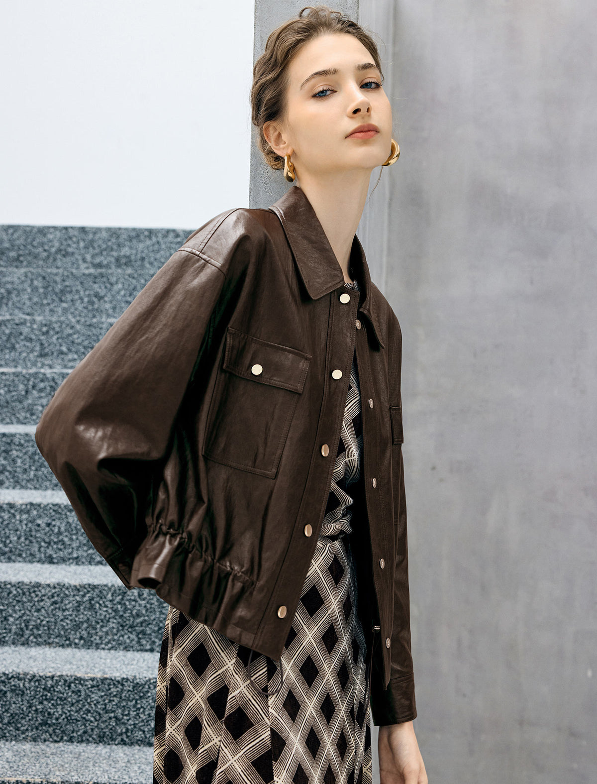 Coated Collared Snap-Front Relaxed Cropped Moto Jacket