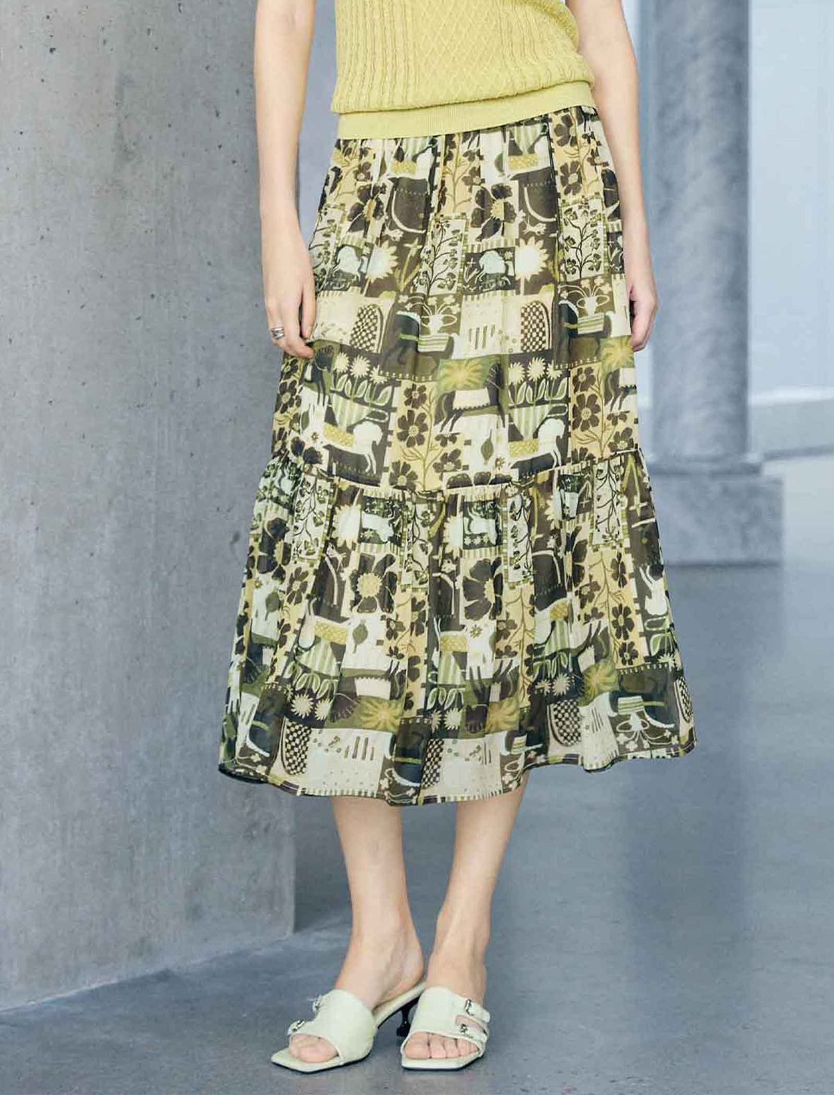 Vintage Patchwork Floral Print Tiered Midi Skirt