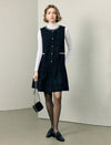 Wool Blend Rhinestone-Trim Pearl-Button Pleated A-Line Mini Dress