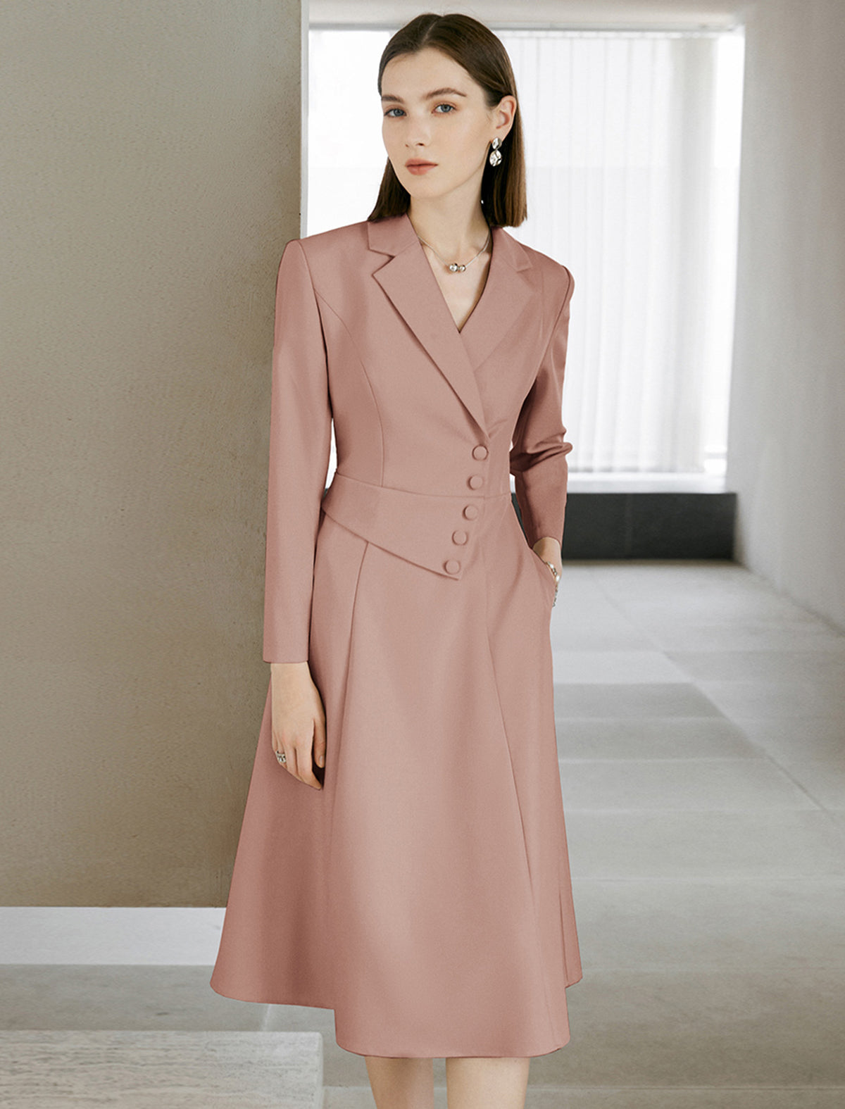 Notched Lapel Work Midi A Line Dress