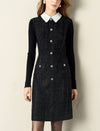 Doll Collar Waist-Defining Long-Sleeve Short Dress