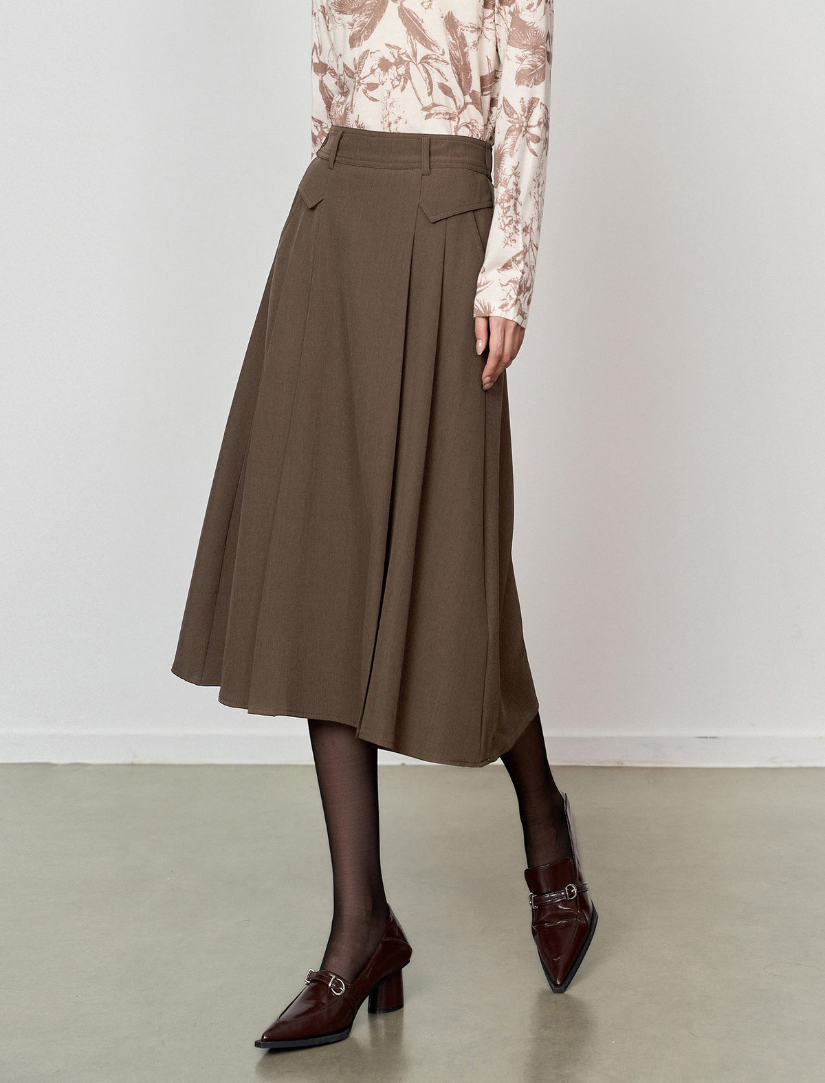 Brown Pleated A-Line Midi Skirt