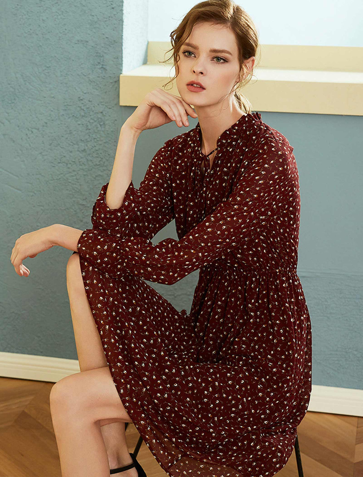 Burgundy Ditsy-Print Long-Sleeve Midi Dress