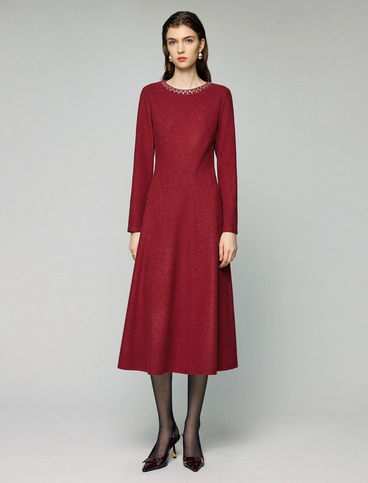Wool Blend Beaded Crewneck Long Sleeve A-Line Midi Dress
