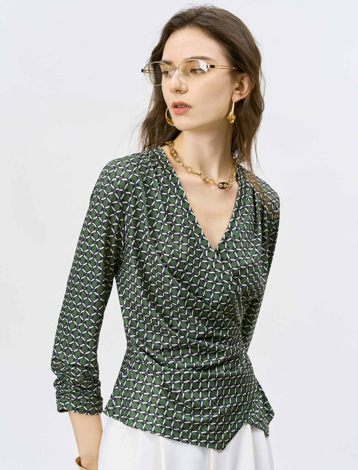 Green Geometric Print Wrap Blouse