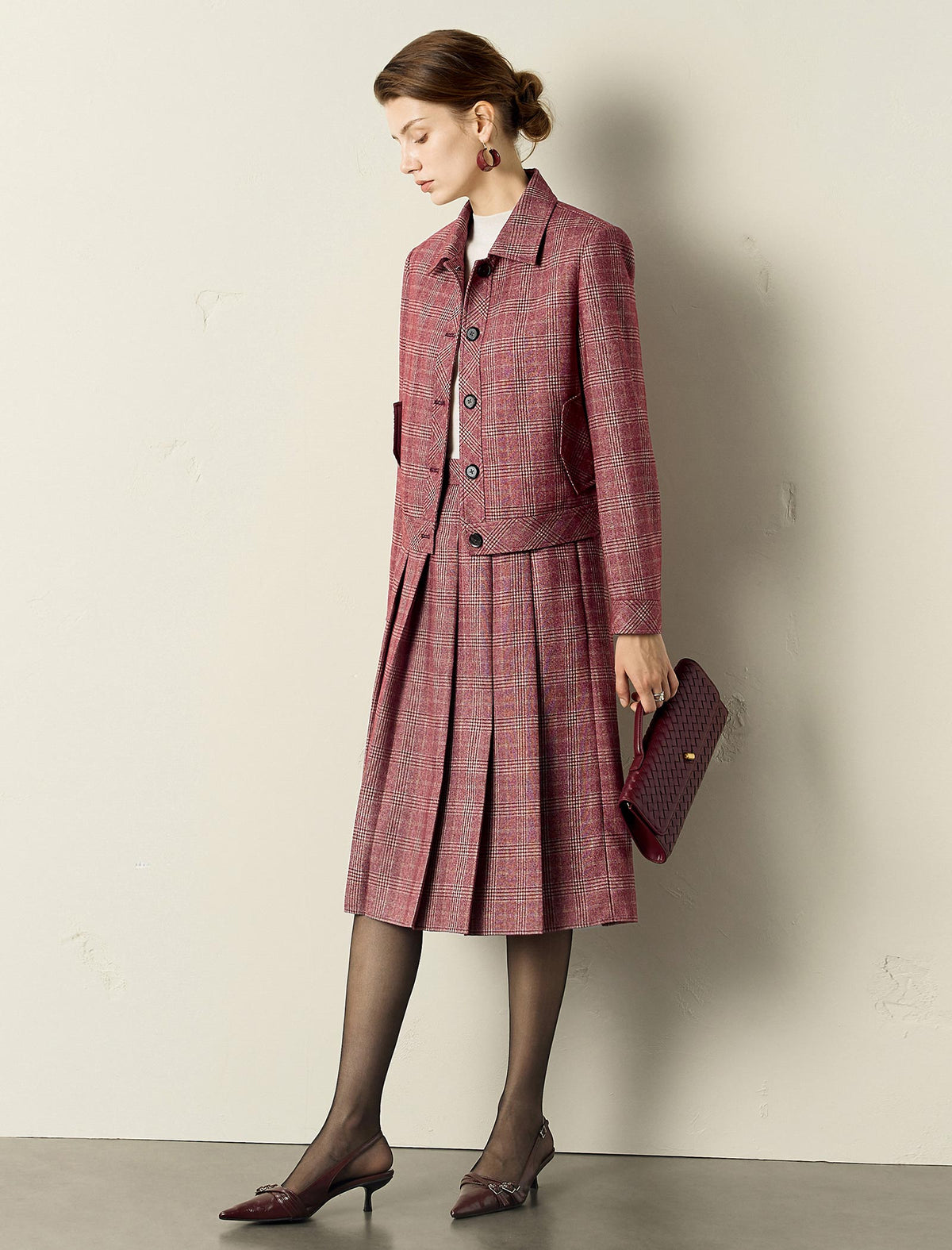 Red Plaid Pleated A-Line Midi Skirt