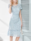 Dusty Blue Lace Ruffle Hem Midi Dress